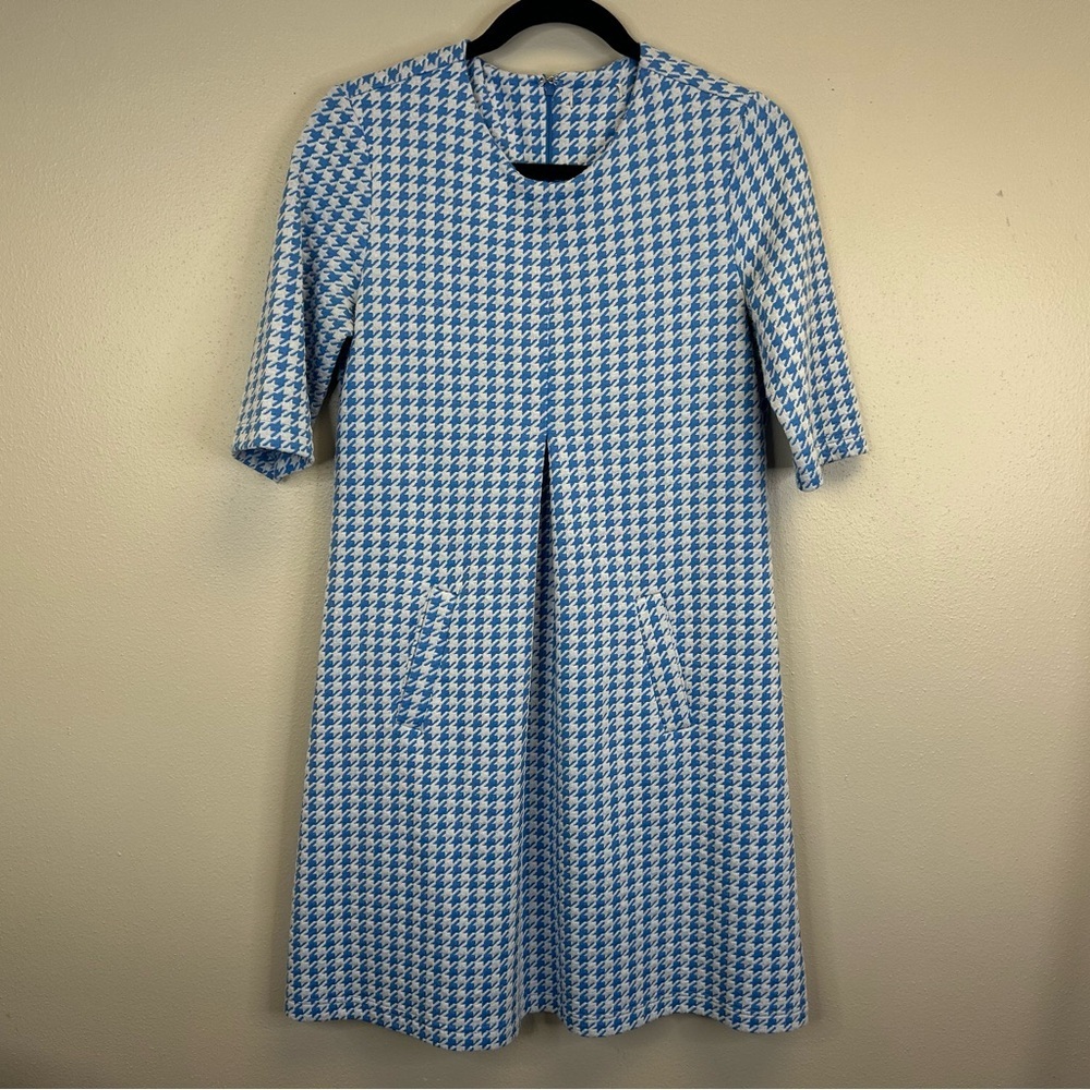 Blue Houndstooth Vintage 60s Style Womens S Midi Dress Pockets Retro Rockabilly